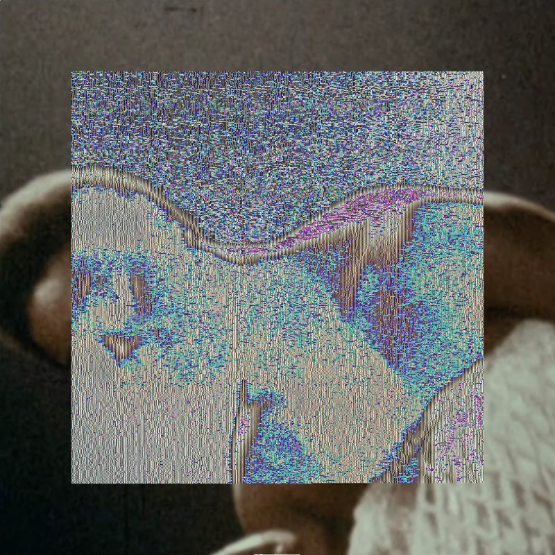 A dark square image with Nina Simone's silhouette leaning to the left, head low, the arch of her neck centered in the frame against a deep charcoal background. In the center, a square of iridescent holographic distortion covers roughly half the image, rendering the original warm tones as shifting silver, blue, and white with subtle rainbow interference patterns.