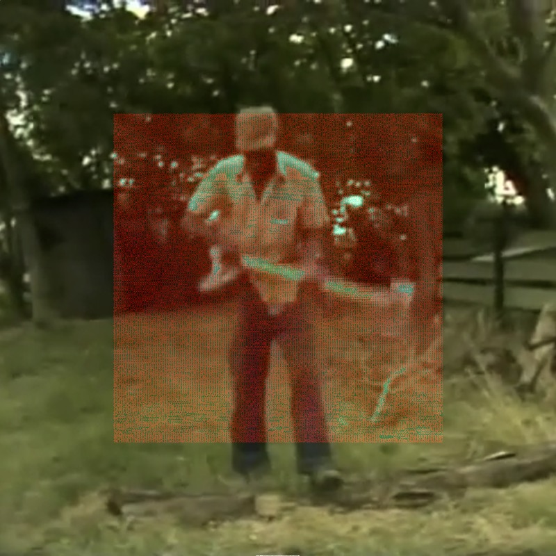 Medium shot of R.L. Burnside standing over a long log in a yard holding an axe, surrounded by grass and trees. The image is VHS-recorded with saturated greens. In the center is a square covering roughly a third of the image with red-orange distortion and teal-cyan edging, creating a heat-signature-like overlay over his figure.