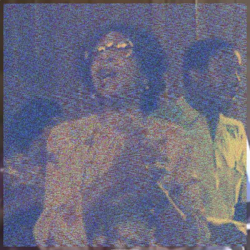 A close-up of Janie Hunter and other Moving Star Hall singers, shot on VHS. The image is predominantly dark navy blue — the stacked channel operations (midpoint, xor, echo) render the scene in very low contrast, with figures barely discernible in the deep murk. The effect is subdued and somber rather than bright, giving the image an almost underwater quality.
