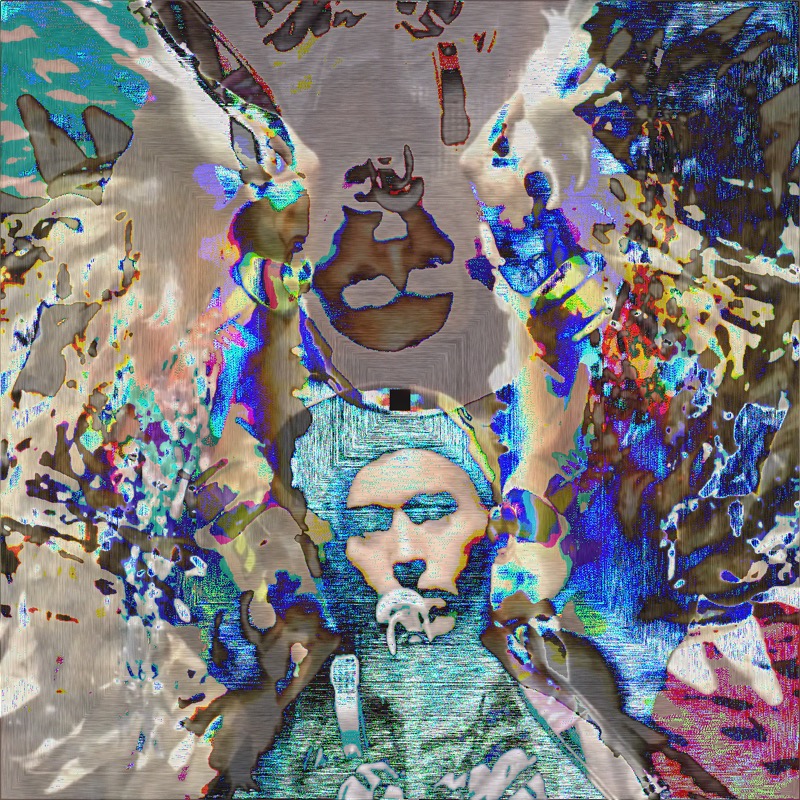 A heavily distorted image with Sufjan Stevens' face at the lower center — cap on, singing into a microphone, arms raised bearing angel wings. The spiral traversal and difference combine fracture and displace the photo into a radiating mandala-like pattern of torn fragments in blues, cyans, beiges, and oranges. A ghostlike inverted reflection of his head appears above him, and the wings create large mirrored shapes extending toward the corners.